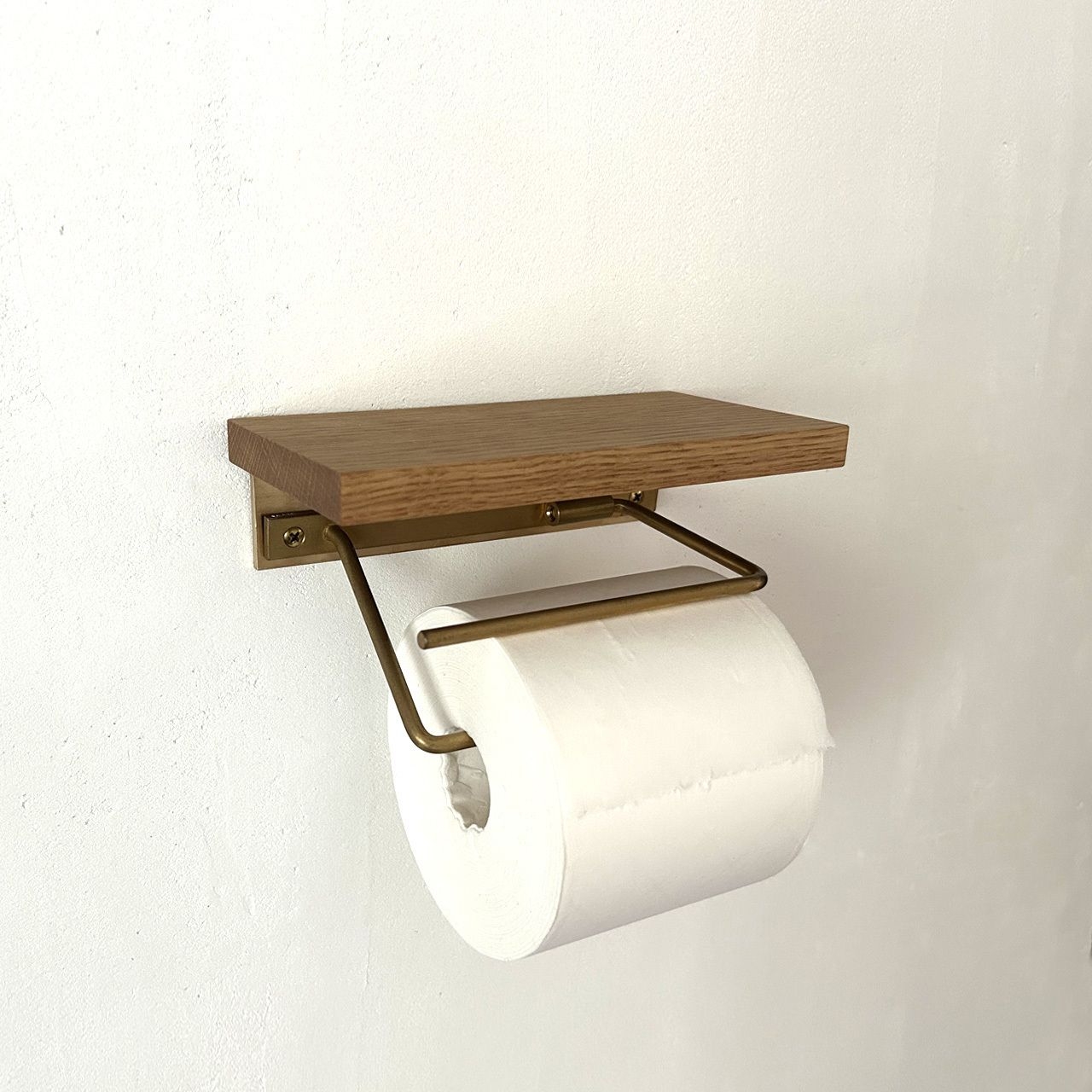 真鍮 トイレットペーパーホルダー シングル + 真鍮木製棚 セット