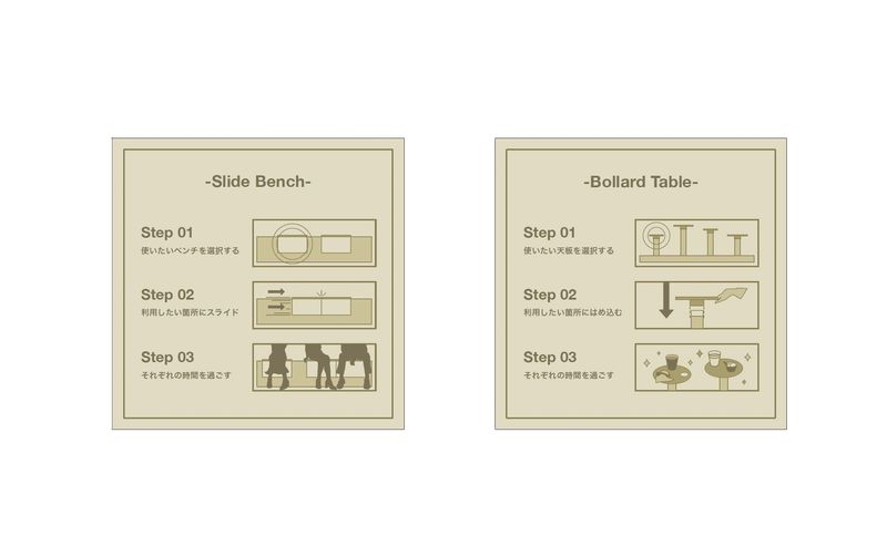 ベンチはスライド式にて可動・テーブル天板は付け替え可能