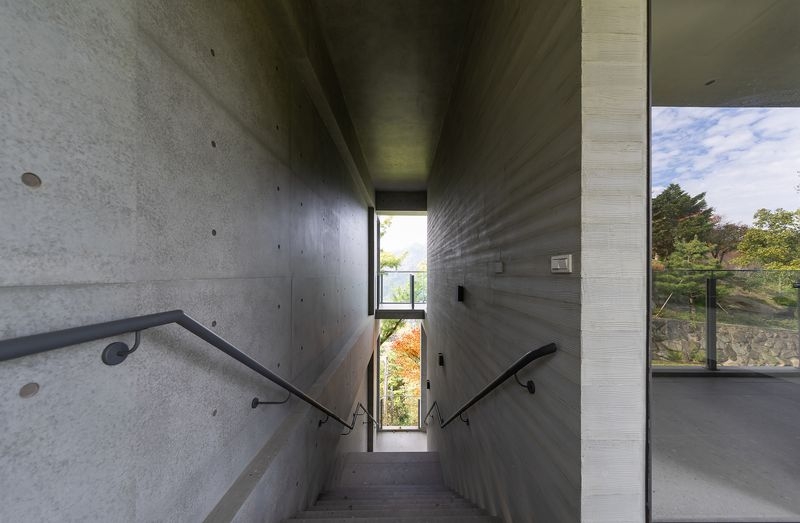 To preserve uninterrupted views, the staircase follows a vertical contour-like arrangement, becoming a corridor that draws residents into the forest.
